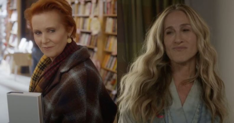 Miranda and Carrie in screenshots from the And Just Like That season two trailer.