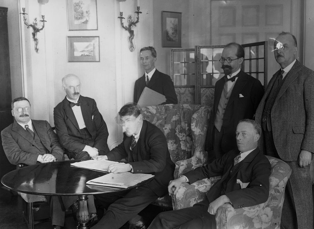 View of members of the Irish delegation at the signing of the Irish Free State Treaty between Great Britain and Ireland, London, England, December 6, 1921. 