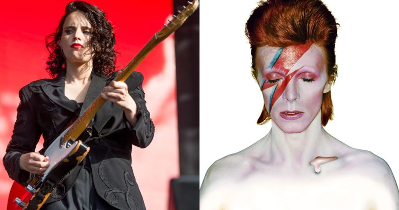 On the left, lesbian musician Anna Calvi performs. On the right, David Bowie's Aladdin Sane album cover.
