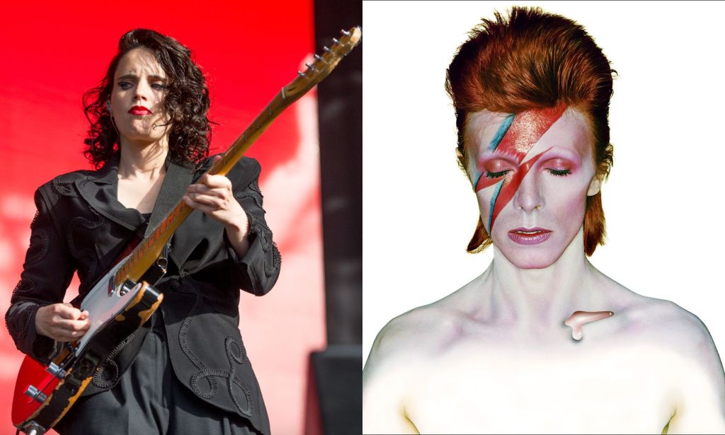 On the left, lesbian musician Anna Calvi performs. On the right, David Bowie's Aladdin Sane album cover.