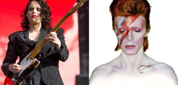On the left, lesbian musician Anna Calvi performs. On the right, David Bowie's Aladdin Sane album cover.