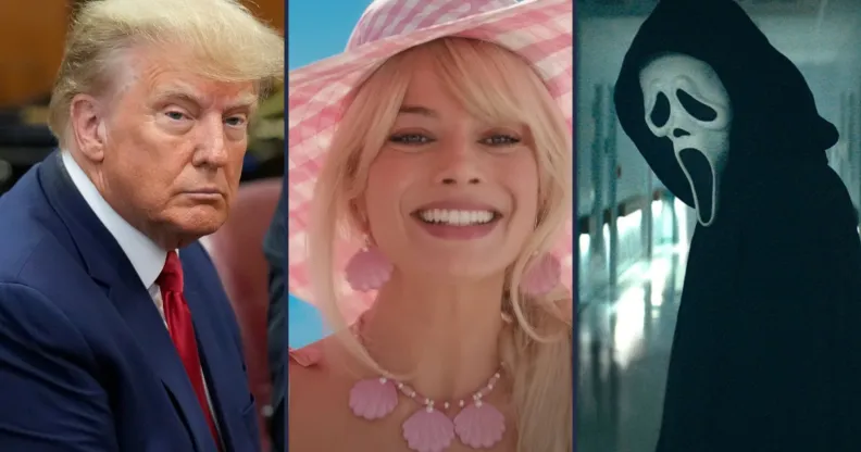 Three photos of Donald Trump, Margot Robbie as Barbie, and Ghostface.