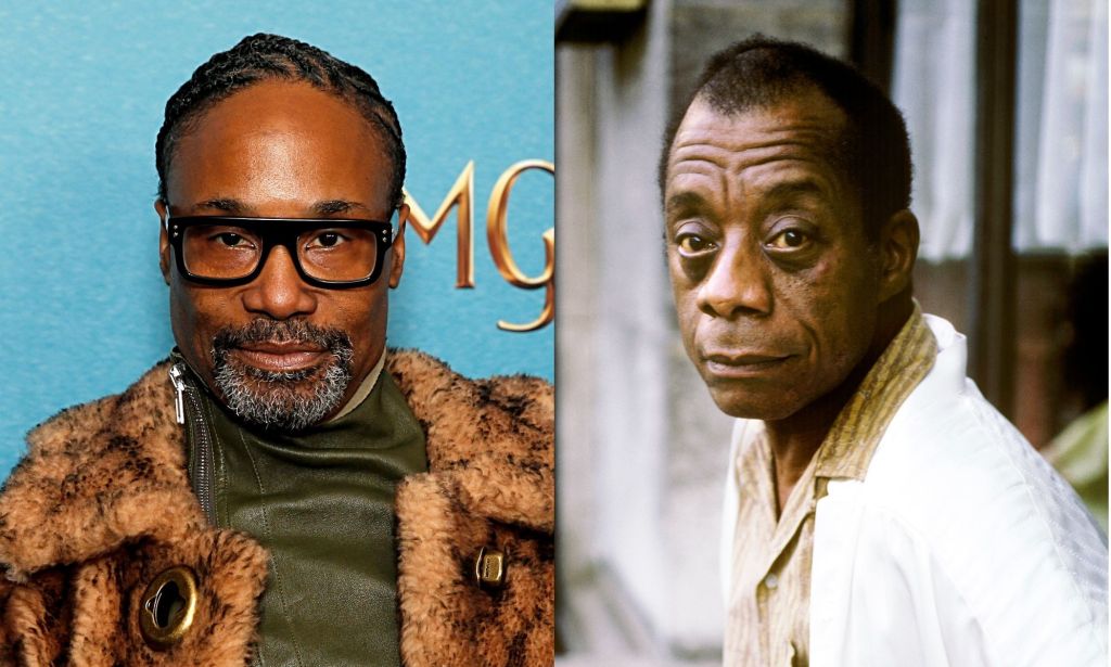On the left, Billy Porter in a green top, glasses and fur jacket. On the right, writer James Baldwin in a tan shirt and white jacket.