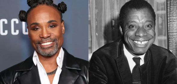 Billy Porter with his hair in bantu knots, wearing a white shirt and leather jacket. James Baldwin smiling, wearing a black jacket and black tie.