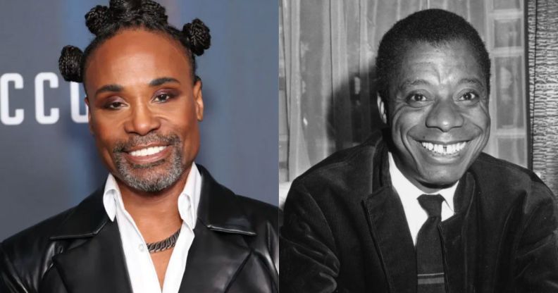 Billy Porter with his hair in bantu knots, wearing a white shirt and leather jacket. James Baldwin smiling, wearing a black jacket and black tie.