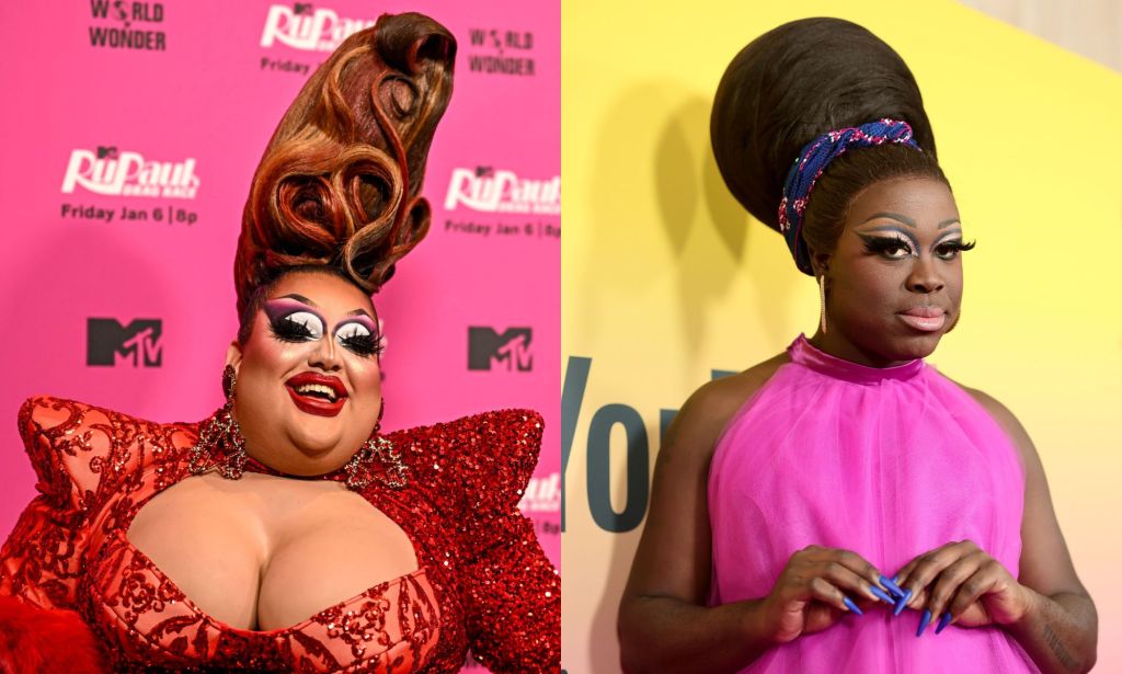 Mistress Isabelle Brooks at the RuPaul's Drag Race season 15 premiere, alongside an image of Bob The Drag Queen at the YouTube Streamy Awards.