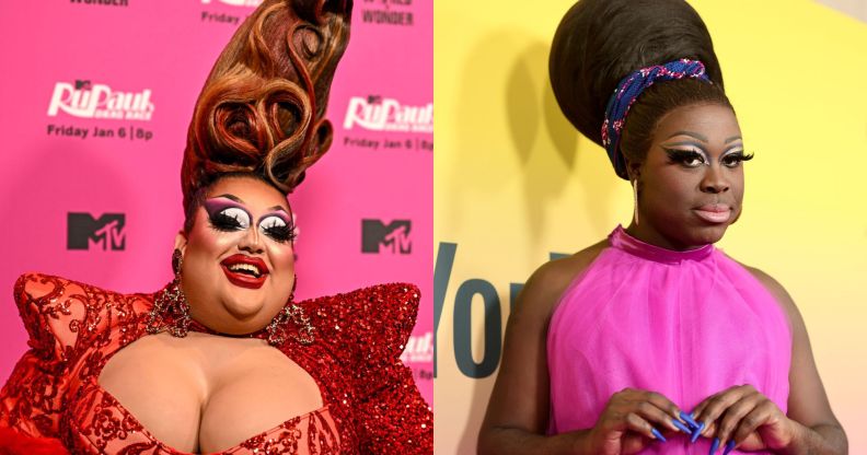 Mistress Isabelle Brooks at the RuPaul's Drag Race season 15 premiere, alongside an image of Bob The Drag Queen at the YouTube Streamy Awards.