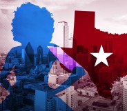 An image composite of the shadow of a drag queen next to the state of Texas.