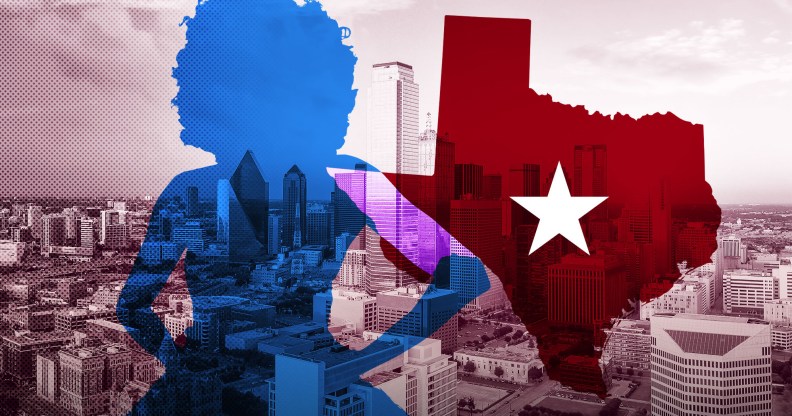 An image composite of the shadow of a drag queen next to the state of Texas.