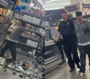 A split imagfe of Dustin Cain trashing Bud Light and being arrested.