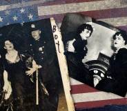 Collage of the US flag with photos of two people wearing dresses in the back of a police van
