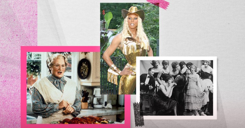 Collage of photos showing RuPaul, Mrs Doubtfire and a drag queen in an old black and white film