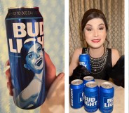 A split imiage of the beer can that Dylan Mulvaney received and her Instagram video.