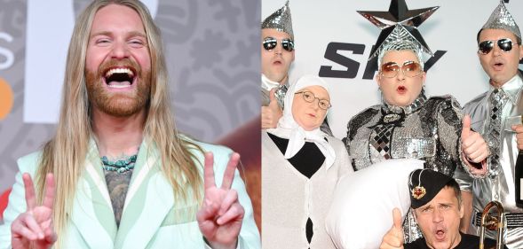 Sam Ryder in a teal suit at the 2023 Brit Awards. Verka Serduchka in their signature silver Eurovision get-up.