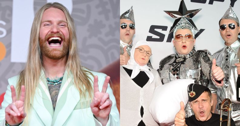 Sam Ryder in a teal suit at the 2023 Brit Awards. Verka Serduchka in their signature silver Eurovision get-up.