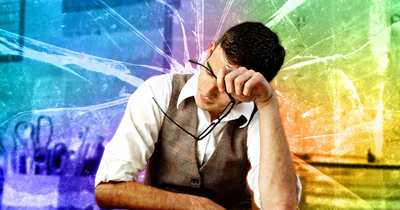 Collage showing a white male teacher looking upset, holding his head in his hands, with rainbow coloured shattered glass in the background