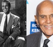 Vintage photo of Harry Belafonte alongside a photo of a much older Harry Belafonte