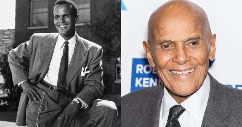 Vintage photo of Harry Belafonte alongside a photo of a much older Harry Belafonte