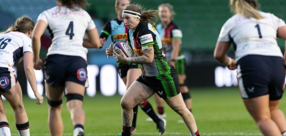 Jade Konkel-Roberts is a Harlequins women's rugby player. Here she is pictured in the centre playing with her teammates.