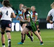 Jade Konkel-Roberts is a Harlequins women's rugby player. Here she is pictured in the centre playing with her teammates.