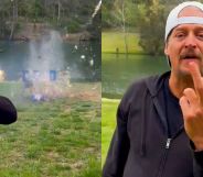 Kid Rock shooting a gun and giving the middle finger.