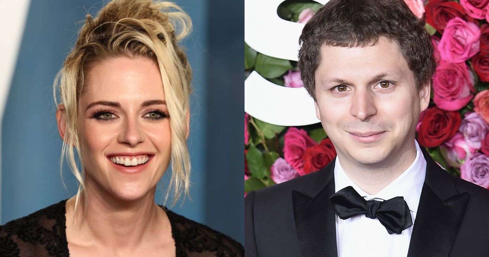 Kristen Stewart smiling wearing a black top at the Vanity Fair Oscars after party, while Michael Cera wears black suit at the 2018 Tony Awards.