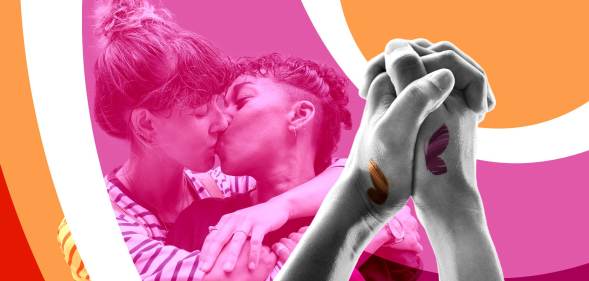 Collage showing two lesbians kissing and holding hands