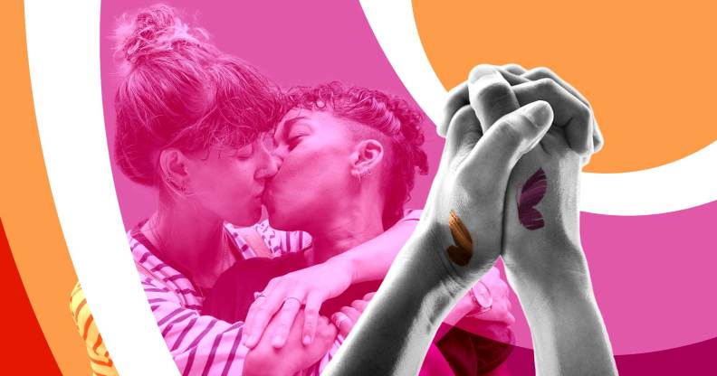 Collage showing two lesbians kissing and holding hands