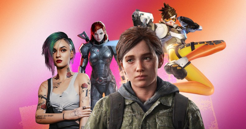 A photoshopped image of a group of video game characters, including Judy Alvarez, Ellie Williams, Commander Shepard, and Tracer
