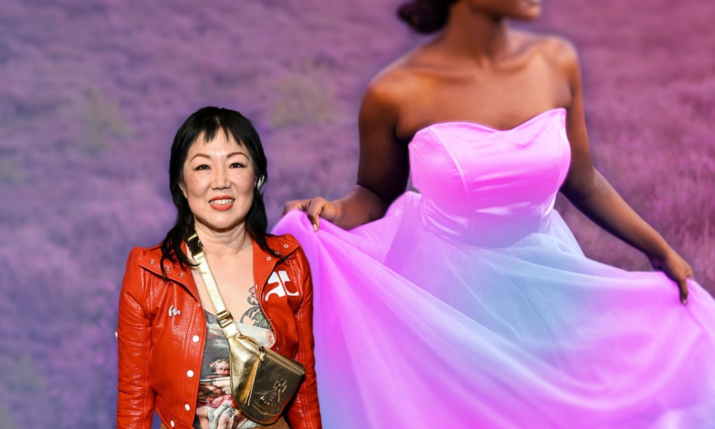 Margaret Cho in a red jacket and multi-coloured top stands against a background of a woman wearing a trans flag-coloured dress.