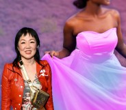 Margaret Cho in a red jacket and multi-coloured top stands against a background of a woman wearing a trans flag-coloured dress.