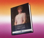A book cover for the complete works of Marie Corelli, with a photo of Marie, a white woman from the Victoria era wearing a white dress