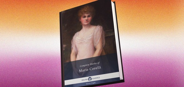 A book cover for the complete works of Marie Corelli, with a photo of Marie, a white woman from the Victoria era wearing a white dress
