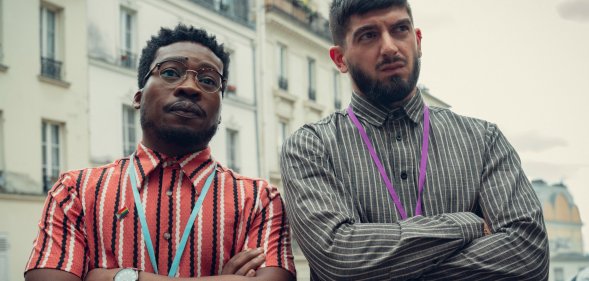 Nima Taleghani (right) as Mr Farouk and Fisayo Akinade as Mr Ajayi in Heartstopper season 2 on Netflix