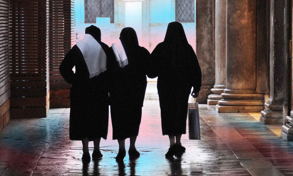 Image shows a group of nuns walking with their backs to the camera, in front of a backdrop of the transgender flag