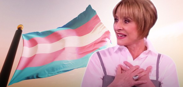 Patti LuPone on The View superimposed next to a trans Pride flag