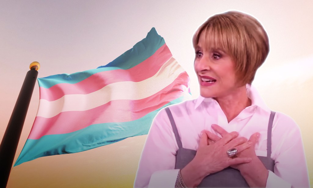 Patti LuPone on The View superimposed next to a trans Pride flag