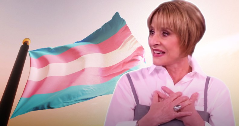 Patti LuPone on The View superimposed next to a trans Pride flag