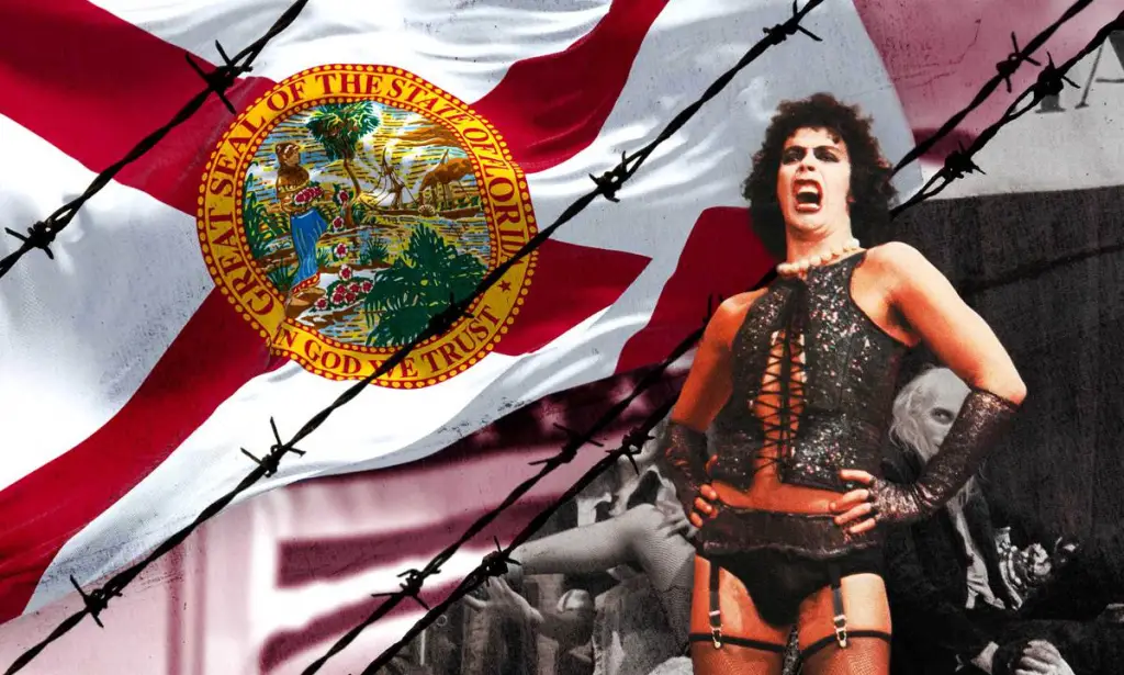 A photoshopped image of Tim Curry in the Rocky Horror Picture Show and the Florida flag.