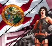 A photoshopped image of Tim Curry in the Rocky Horror Picture Show and the Florida flag.