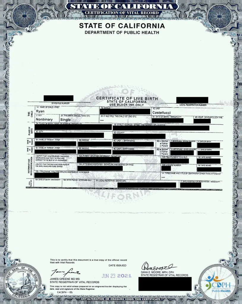 A redacted copy of non-binary American Ryan Castellucci's birth certificate