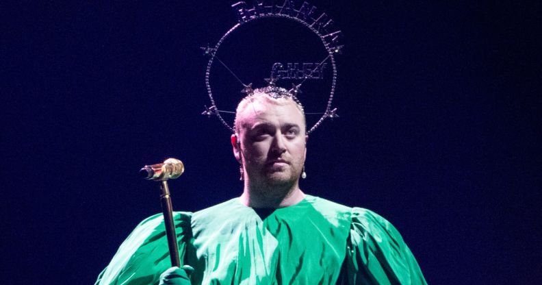Sam Smith wears a headpiece with Brianna Ghey written on it at the Gloria Tour.