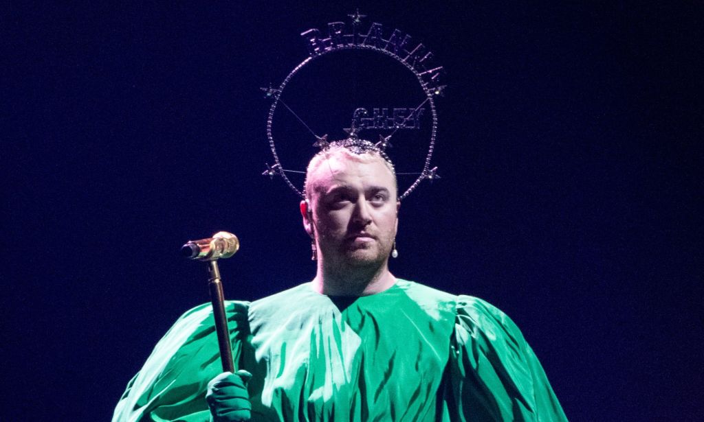 Sam Smith wears a headpiece with Brianna Ghey written on it at the Gloria Tour.