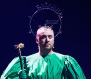 Sam Smith wears a headpiece with Brianna Ghey written on it at the Gloria Tour.