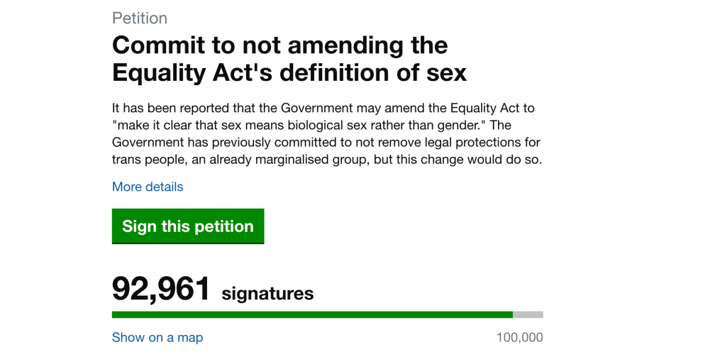 Petition calling for the Government not to change the Equality Act definition of "sex" to "biological sex"