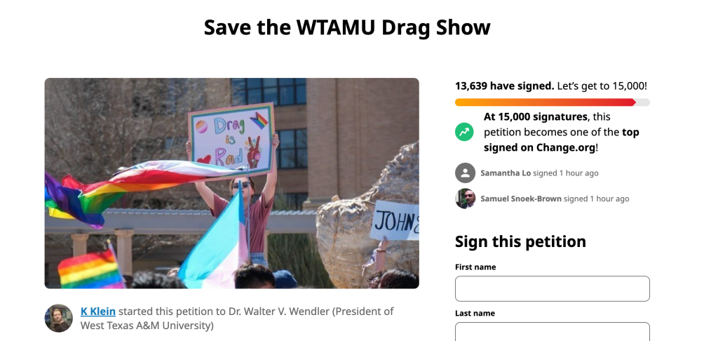 A petition calling for the University professor not to cancel the drag show reached thousands of signatures