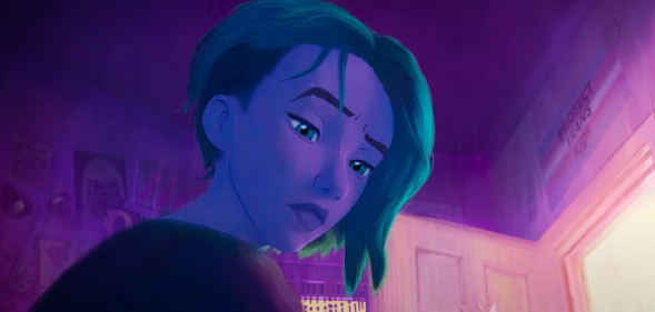 A still from the Spider-Man: Across the Spider-Verse trailer featuring Gwen Stacy with a Protect Trans Kids poster in the background