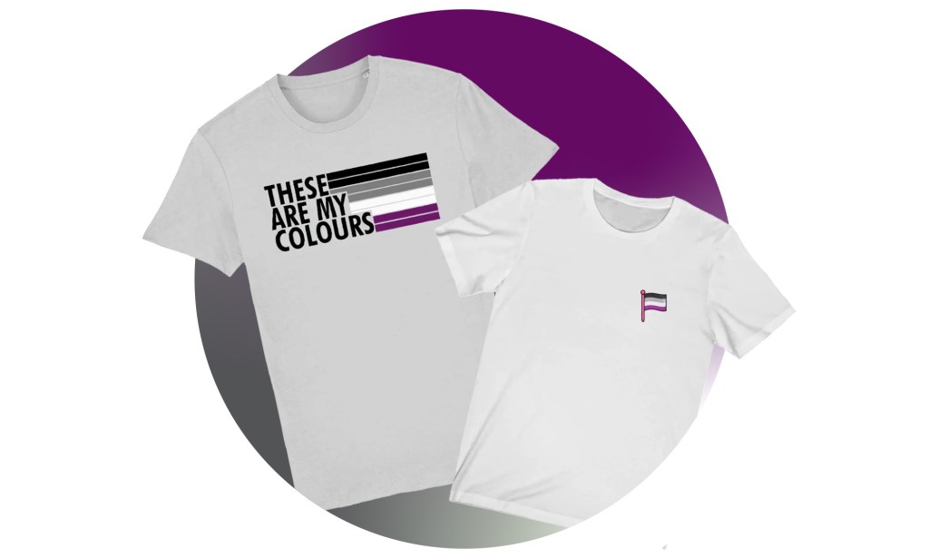 Two t-shirts featuring the asexual pride flag.