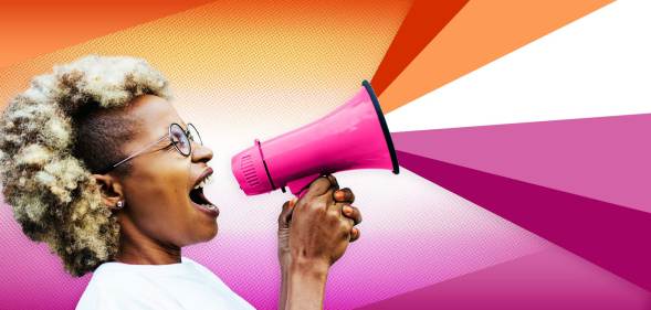 Woman holding a megaphone, out of which the colours of the lesbian flag flow