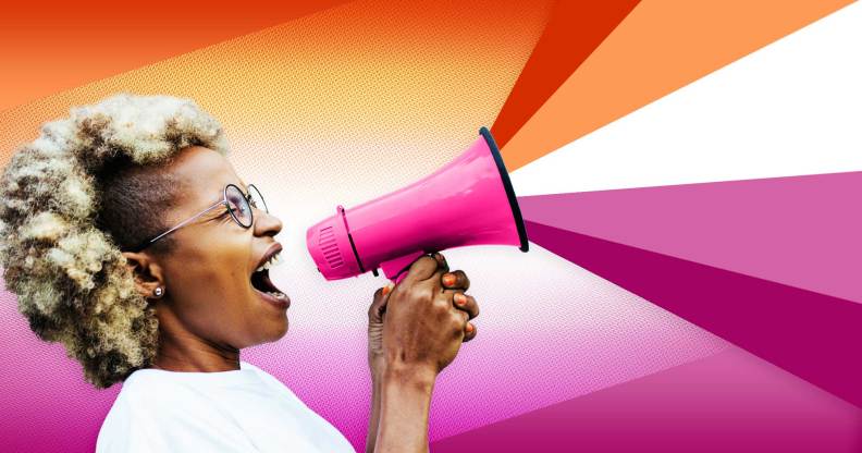 Woman holding a megaphone, out of which the colours of the lesbian flag flow